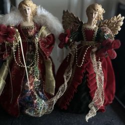 Set Vintage 90's Victorian Angel Christmas Tree Ornament Feather Wings Green