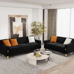 Sofa Set, 2-Piece Modern Living Room Velvet Couch Set with Armrest Loveseat & 3-Seater Sofa