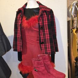 Hot Plad Jacket Red Feather Jumper Over Black Dress WithIMPO Red Suede Bootsleave