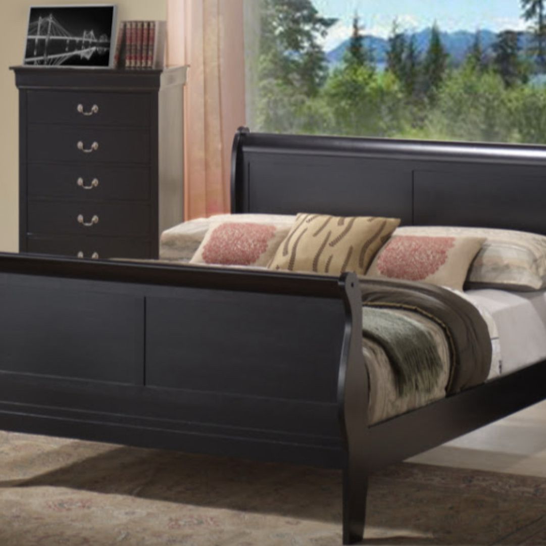 Brand new 4piece black queen sleigh bedroom set + delivery & assembly
