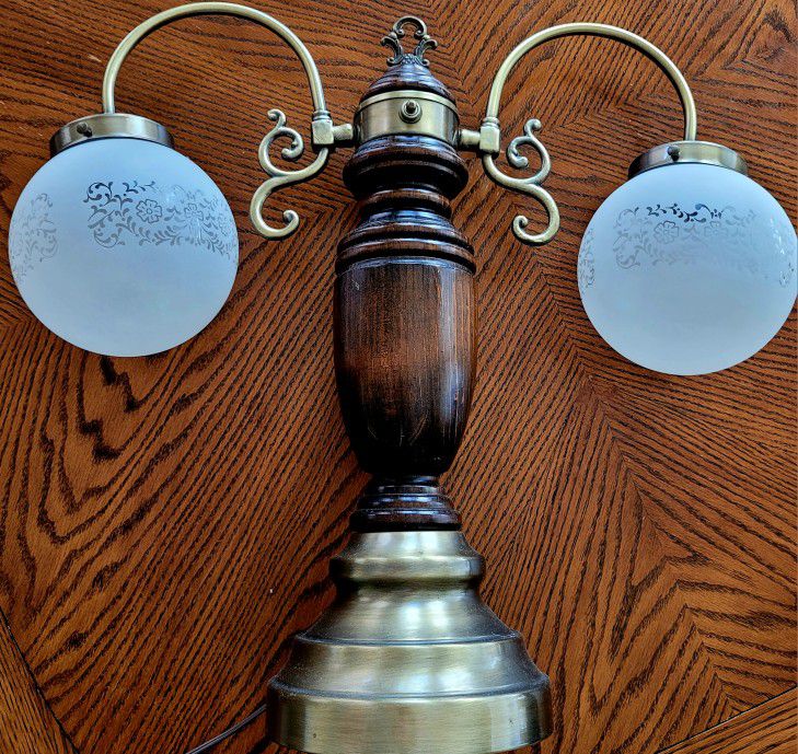 2 Student Lamps VINTAGE Art Deco - Brass/Wood - Dual Hanging Frosted Globes  RARE