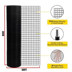 New 36 in. H x 50 in. ft Black Vinyl Coated Hardware Cloth, 19-Gauge PVC Metal Cloth, Welded Wire Garden Fence for Cage