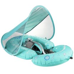 Mambobaby Float Baby Pool Float with Canopy & Tail Portable Baby Float Self-Inflating Compressible Folding Swimming Floating Bed Water 3 To 24 Months