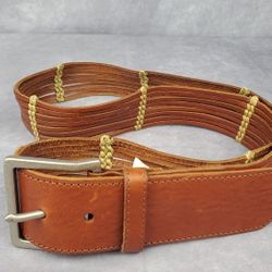 Women's Talbots Brown Cognac Leather Stitched Wide Jeans Dress Belt Size XL