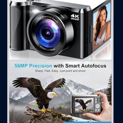 4K Digital Camera for Photography- 56MP Autofocus Vlogging Camera with 3" 180° Flip Screen, 16X Zoom, Flash- Digital Point and Shoot Camera for Travel