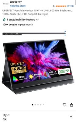 UPERFECT Portable Monitor 15.6'' 4K UHD, 600 Nits Brightness, 100% AdobeRGB, HDR Support, FreeSync