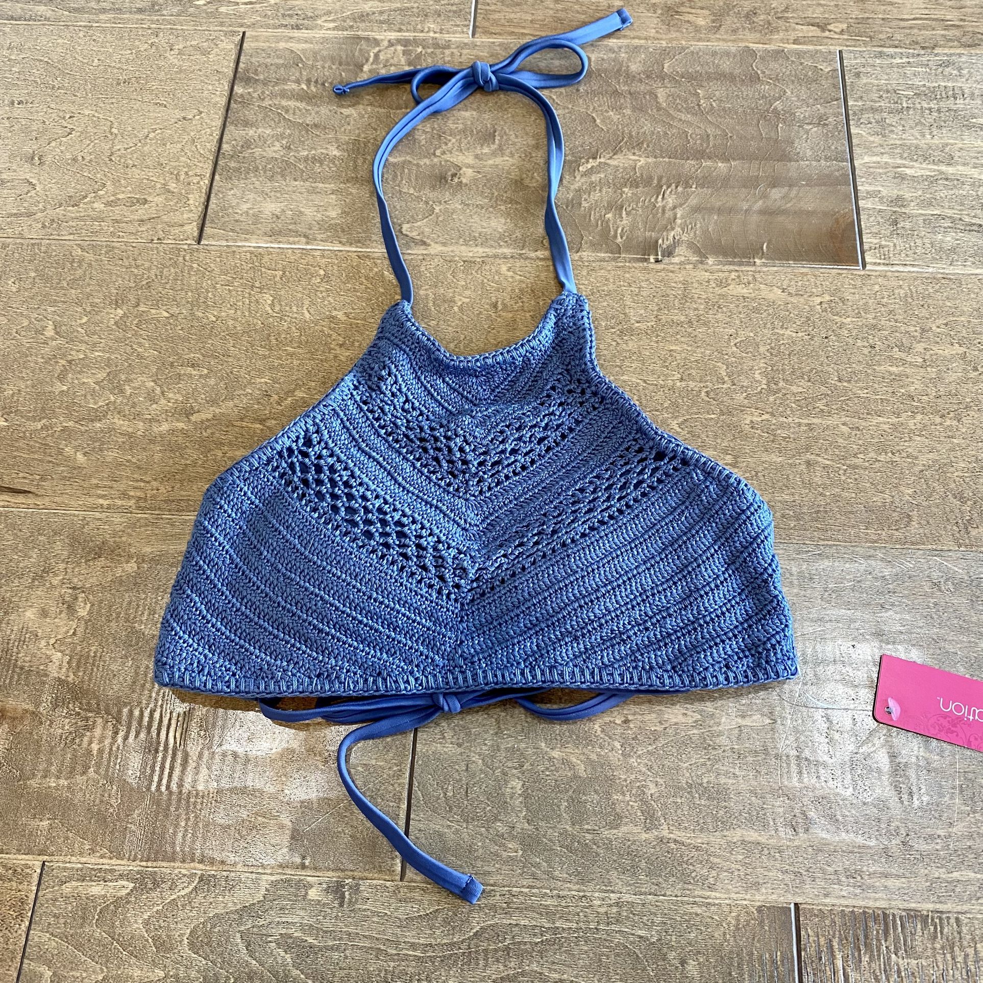 Xhilaration Women’s Crochet Halter Crisscross Tie Bikini Swim Top Blue NWT