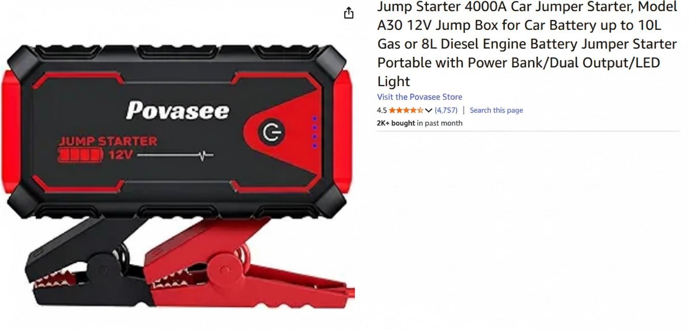 Povasee Jump Starter 4000A Car Jumper Starter, Model A30 12V Jump Box for Car Battery up to 10L Gas or 8L Diesel Engine Battery Jumper Starter Portabl