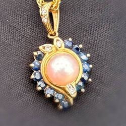 14k solid yellow gold natural diamonds sapphire akoya pearl 1.55CTW heart shape Pendant charm