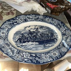 Liberty Blue Staffordshire Oval Platter Washington Crossing the Delaware 14"