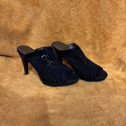 Impo “Holly” Laser Cut Navy Blue Faux Velvet Open Back Heels/Sandals