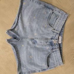 Jeans Shorts with Flower Embroidery