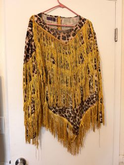 Leopard Print Gold Fringe & Rhinestone Performance Bodysuit | 20-22