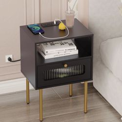 Nightstand with Charging Station, Mid Century Modern Bedside Tables with Glass Decorative Door