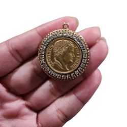 Vintage Gold Toned Bling Empereur Napoleon Circle Pendant 1.5"