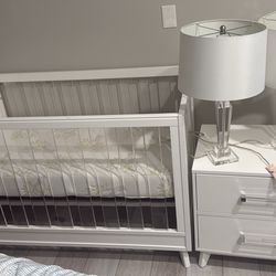 Crib, Mattress, Lampshades, Furniture And Diaper Trash Can