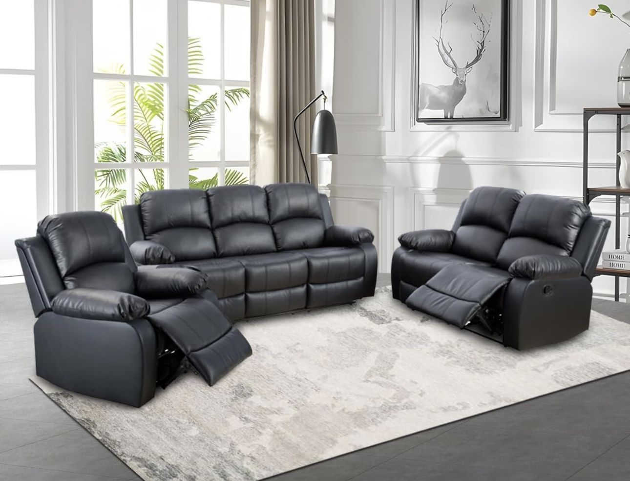 New Black Leather Fully Reclining Three Piece Couch Set