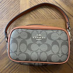 Coach Tan and Orange Jamie Wristlet with Signature Canvas  
