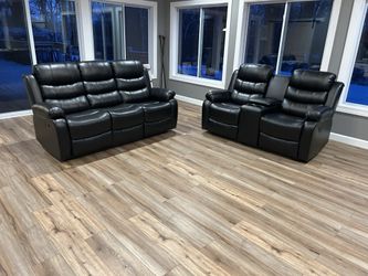 Brand New Leather Black Reclining Sofa Set 