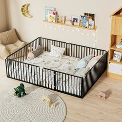 Queen Size Montessori Floor Bed with Safety Fence and Door, Metal Floor Bed Frame with Rails, Minimalist Versatile Floor Bed for Children Bedroom, Tod