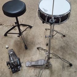 PDP throne, kick pedal, high hat stand and 14" snare drum with stand.