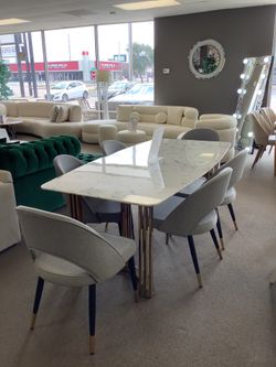 Gold Real Marble Top Dining Set 6 Gray Chairs🪑 Not Credit Needed😻$49 Down🫶🏽