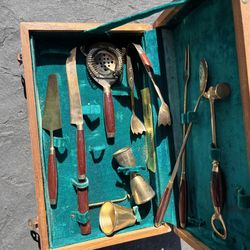 Vtg. Brass Bar Tool Set, Mid Century Cocktail Kit. FeltL ined Wood Box, Thailand