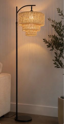 Rattan Floor Lamp for Living Room Bedroom Boho Arc Standing Lamp with Remote Dimmable Black Farmhouse Wicker Bamboo Lamp Shade Floor Light Tall Lamp I