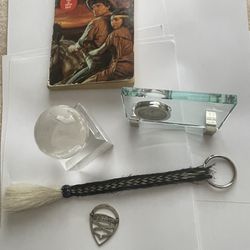 Lot, Crystal glass desk clock, Globe w/base, horse hair keychain, Sterling silver pin, Paperback L’Amour 