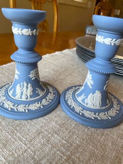 Vintage Wedgwood Jasperware Blue Candlestick Holders Pair