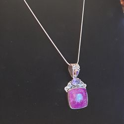 GENUINE 20" STERLING SILVER PURPLE CHAROITE & AMETHYST NECKLACE AMULET PENDANT PENDULUM 