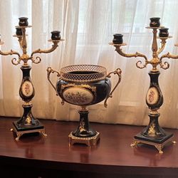 Victorian Masoni Porcelain & Brass Centerpiece Bowl With Two Candle Holder Made in Italy