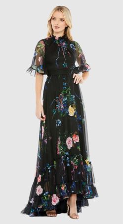 Mac Duggal Floral Chiffon Ruffled High Low Gown Black Multi Sz 8 #68230