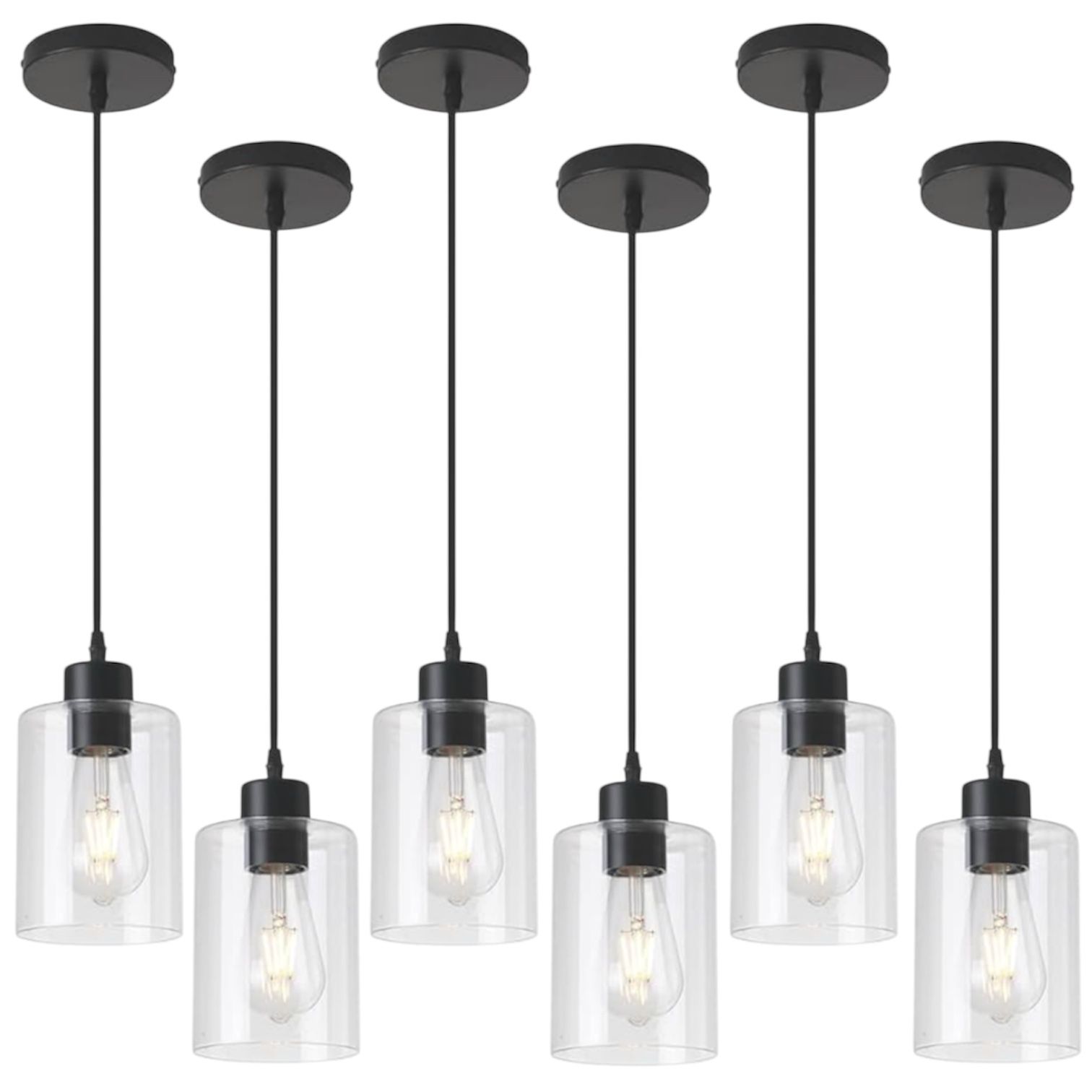 Set of 6 Modern Black Farmhouse Clear Glass Cylinder Pendant Light Fixtures