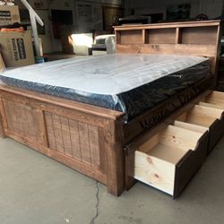 Queen Solid Wood Bed With 3 Drawers And Mattress $740