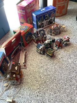 Vintage Christmas display collectibles from the 70s and 80s and 90s. Five total sets including Dickensville Porcelain lighted house, Cobblestone Co