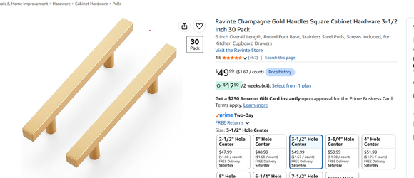 Ravinte Champagne Gold Handles Square Cabinet Hardware 3-1/2 Inch 30 Pack