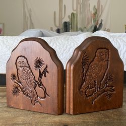 Vintage Midcentury MCM Carved Owl Bookends Brass