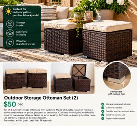 Set of 2 Outdoor Wicker Storage Ottomans with Cushions