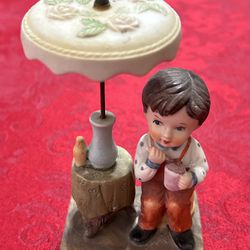 Vintage Ceramic Porcelain Figurine Boy Eating  Umbrella Vase Table Unique