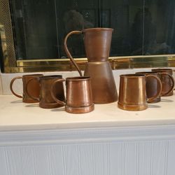 Antique Copper Pitcher And 6 Mugs