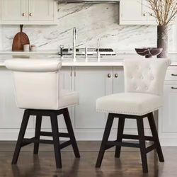 26 in. White Faux Leather Swivel Barstool Solid Wood Counter Stool with Nail Head Trim and Tufted Backrest (Set of 2)