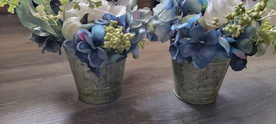 Faux Floral Arrangements in Galvanized Tin Buckets – Set of 2