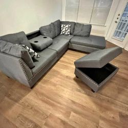 Grey Comfy LUXURY Sectionals with storage ottoman