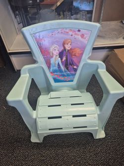Disney Frozen 2 Garden Chair for kids with a light blue plastic frame and Anna and Elsa graphics.