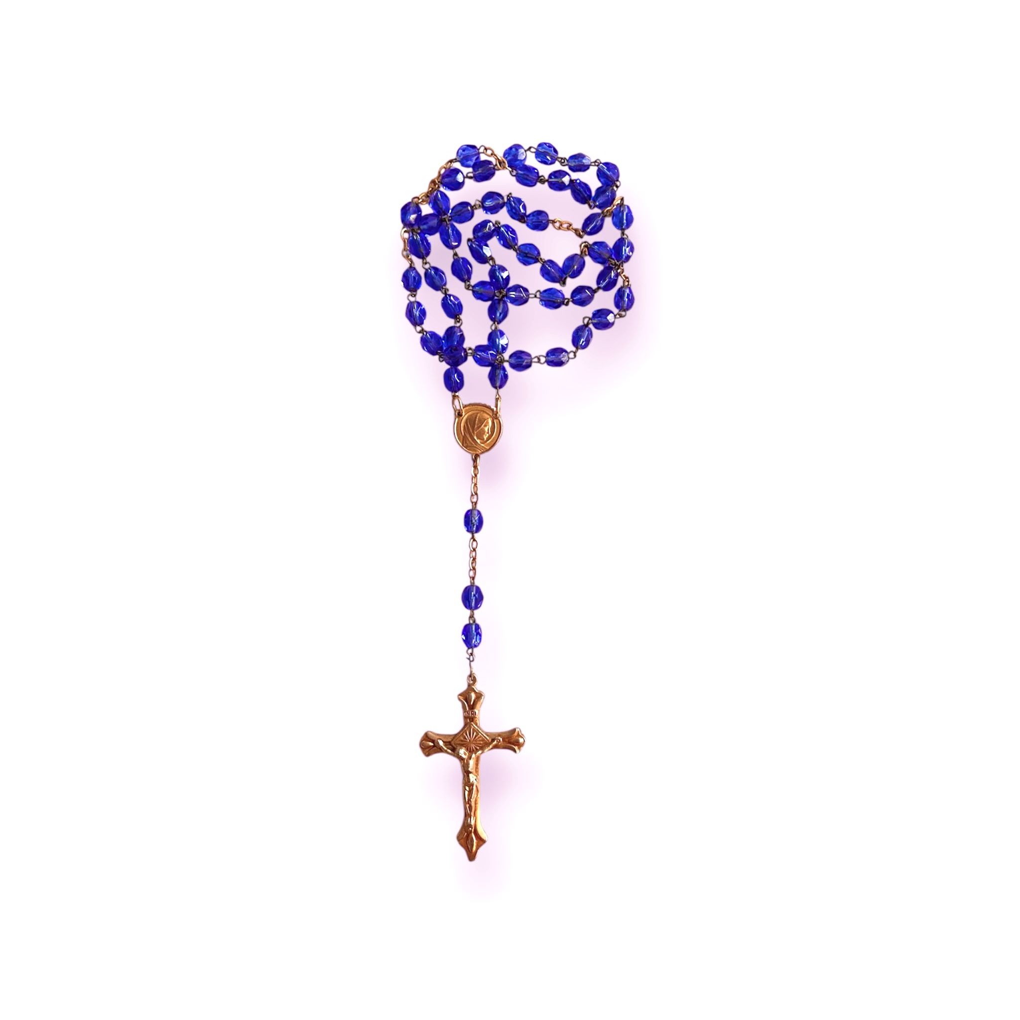 Vintage Italian Rosary Deep Blue Glass Beads Gold Toned 