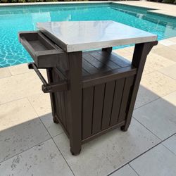 Keter Unity 40 Gal Patio Storage Grilling Bar Cart w/ Stainless Steel Rolling BBQ Food Prep Top! Good condition. Retails $221.99