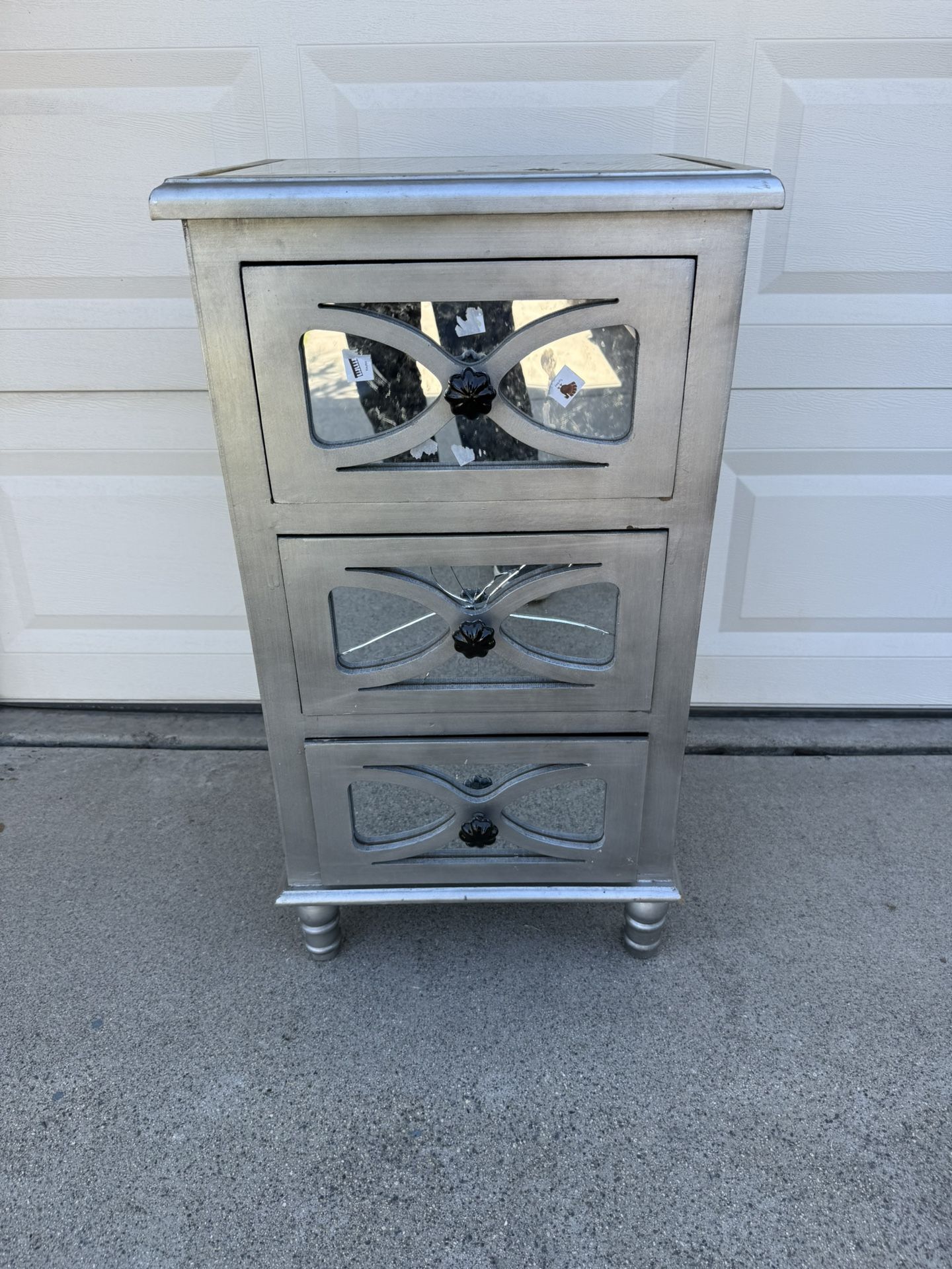 Small Cute Silver Dresser/Night Stand/File Cabinet Glass Top