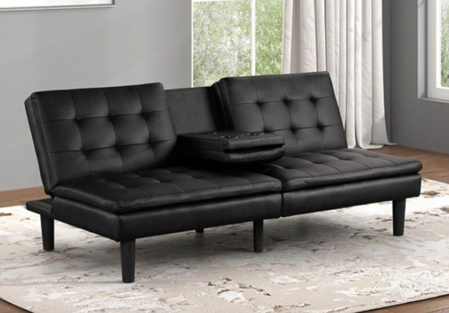 Brand New Black Leather Futon Sofa Sleeper