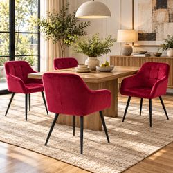 19''H Velvet Upholstered Dining Chairs with Armrests,  Wine Red (Set of 4)
